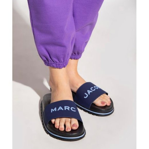 NEW MARC JACOBS Navy 'The Slide' Logo Print Ridged Flat Sandals Slides Shoes Sz8 - Picture 7 of 10
